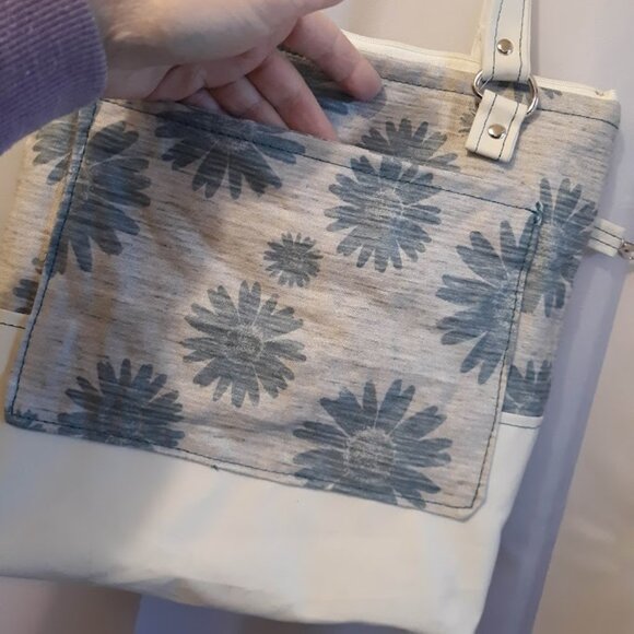 New Floral Vinyl Double handle Shoulder Satchel Bag Purse Greige Teal Canva Boho - Picture 8 of 10